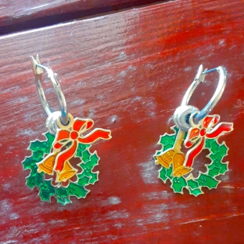 Festive Silver Tone and Green Earrings
